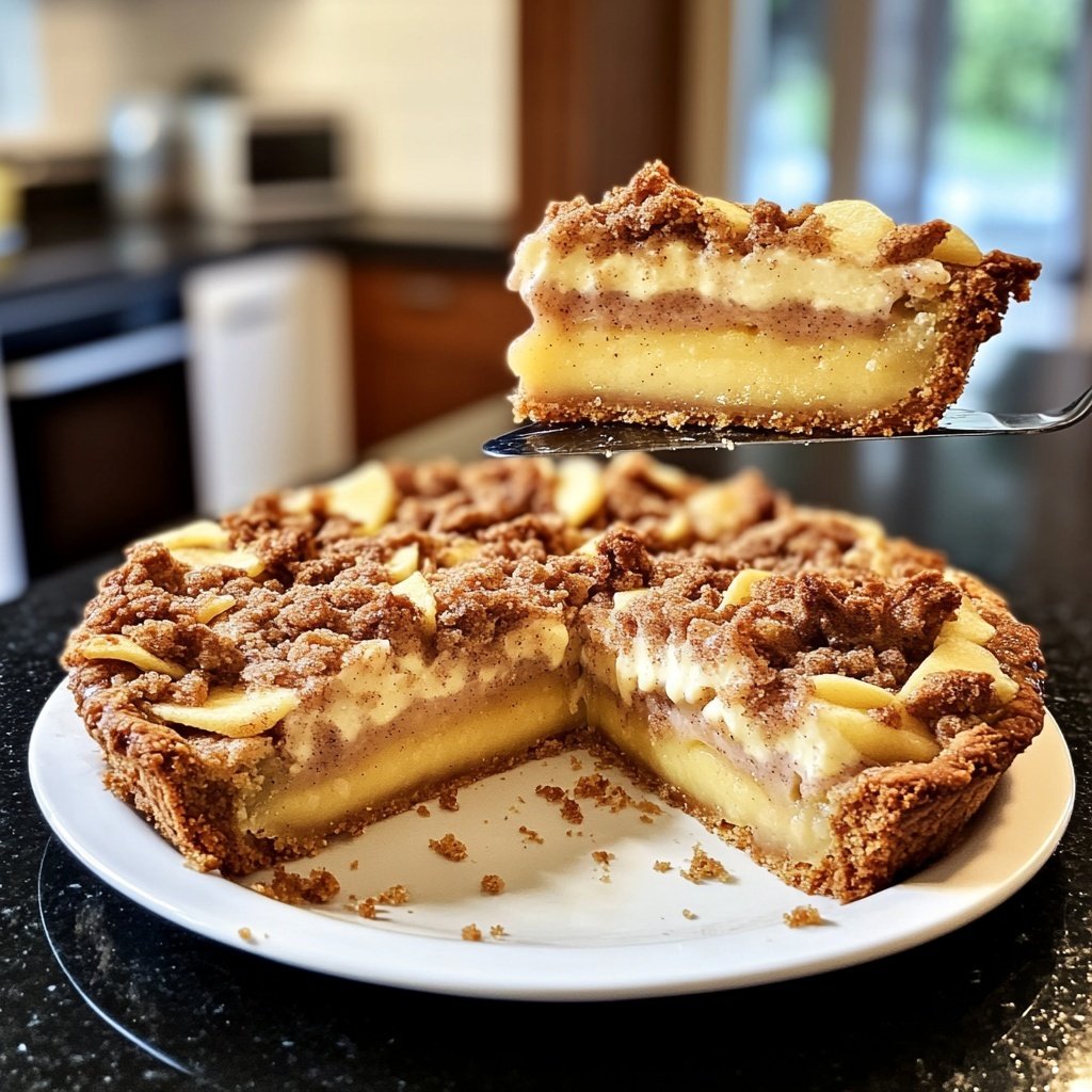 Traditioneller Apfelkuchen mit Pudding und Zimtstreuseln